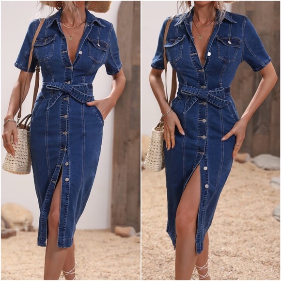 Dresses & Skirts - Dark Wash Button down Pocket Short Sleeve Denim Midi Dress